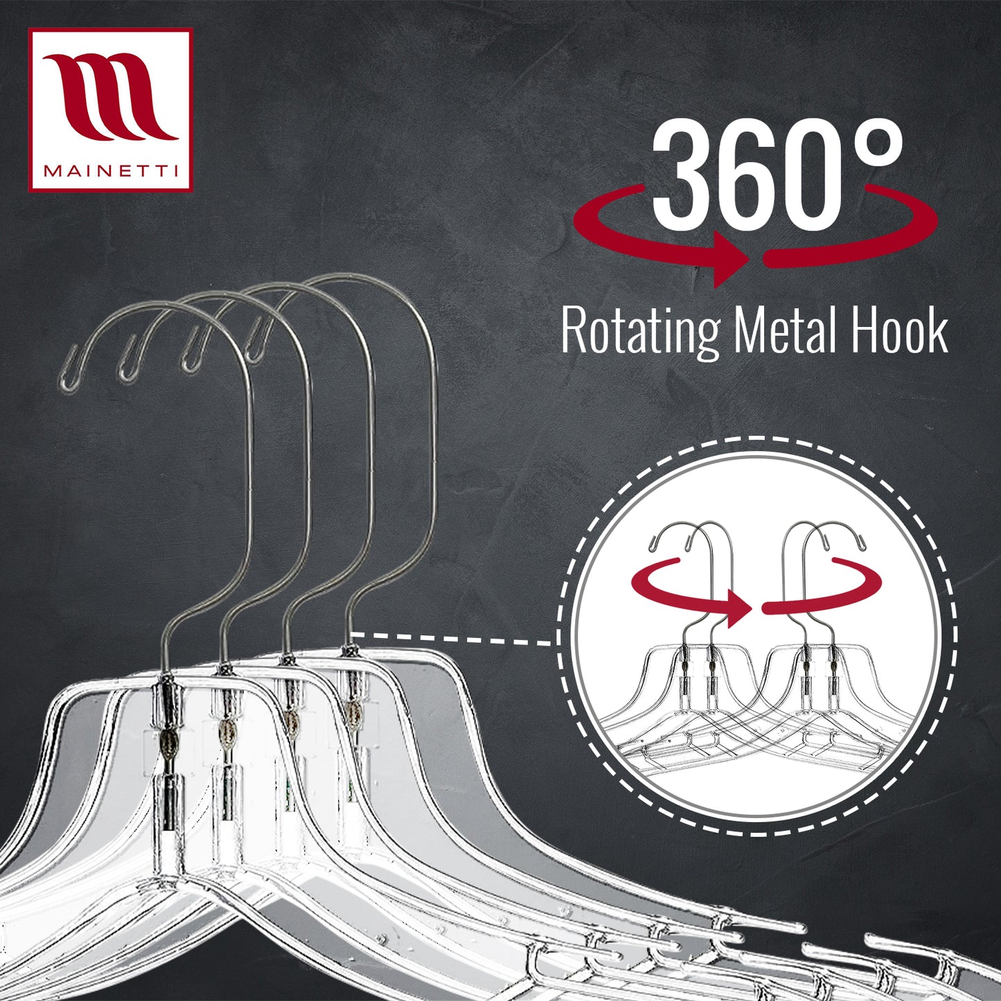 17" Clear Plastic Shirt-Top Dress Hangers, 360° Swivel Metal Hook, Notches For Straps (Mainetti 5400)
