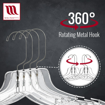Mainetti 5400, 17" Clear Plastic, Shirt Top Dress Hangers, with 360 swivel metal hook and notches for straps