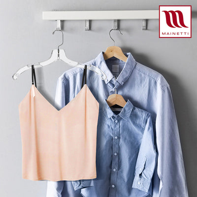 Mainetti 5400, 17" Clear Plastic, Shirt Top Dress Hangers, with 360 swivel metal hook and notches for straps