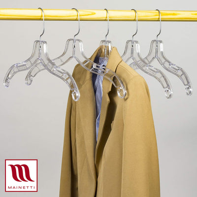 Mainetti 5400, 17" Clear Plastic, Shirt Top Dress Hangers, with 360 swivel metal hook and notches for straps