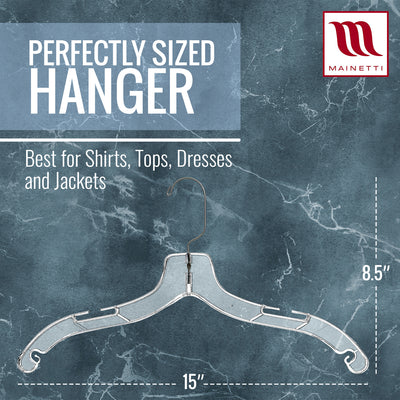 Mainetti 5400, 17" Clear Plastic, Shirt Top Dress Hangers, with 360 swivel metal hook and notches for straps