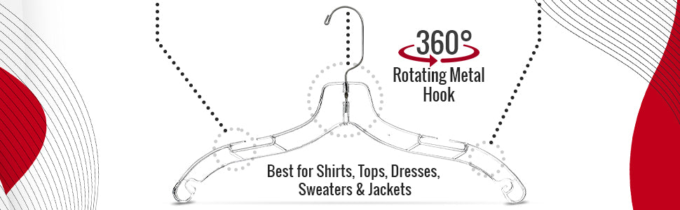 17" Clear Plastic Shirt-Top Dress Hangers, 360° Swivel Metal Hook, Notches For Straps (Mainetti 5400)