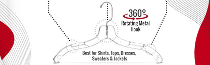 17" Clear Plastic Shirt-Top Dress Hangers, 360° Swivel Metal Hook, Notches For Straps (Mainetti 5400)