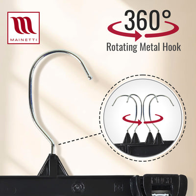 Mainetti 6008, 8" Black Plastic, Pant Skirt Slack Bottom Hangers, with turnable metal hook, sturdy plastic non-slip clips