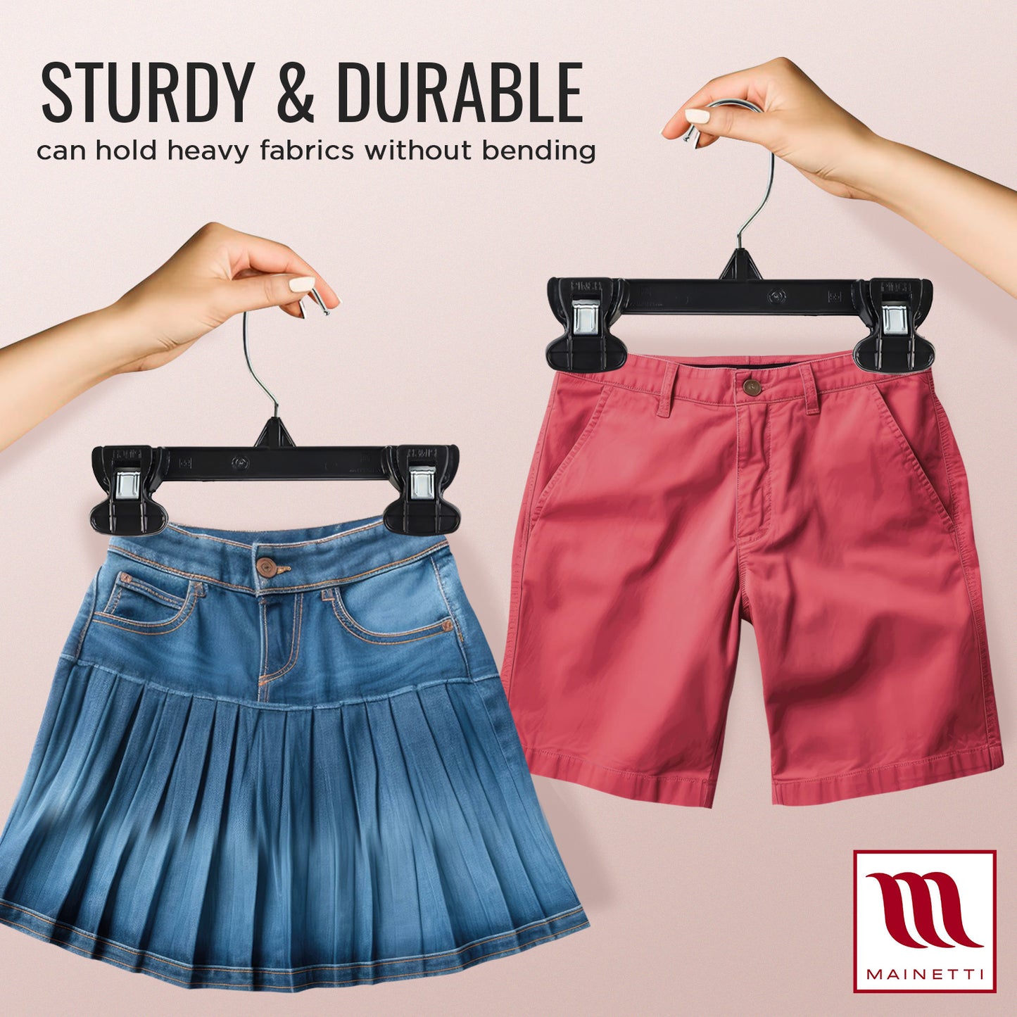 8" Black Plastic Pant/Skirt Slack-Bottom Hangers With Turnable Metal Hook & Plastic Non-Slip Clips (Mainetti 6008)