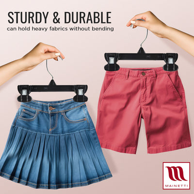Mainetti 6008, 8" Black Plastic, Pant Skirt Slack Bottom Hangers, with turnable metal hook, sturdy plastic non-slip clips