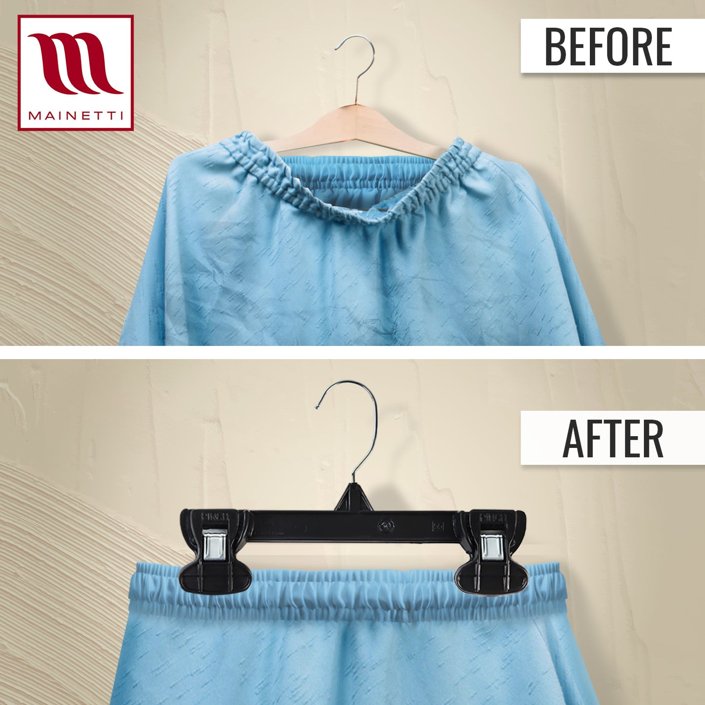 8" Black Plastic Pant/Skirt Slack-Bottom Hangers With Turnable Metal Hook & Plastic Non-Slip Clips (Mainetti 6008)