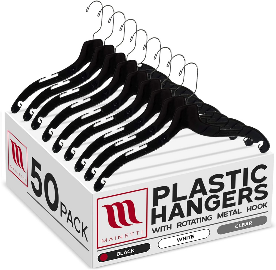 Mainetti 485, 15" Black Plastic, Shirt Top Dress Hangers, with turnable metal hook and notches for straps