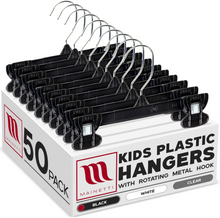 Mainetti 6008, 8" Black Plastic, Pant Skirt Slack Bottom Hangers, with turnable metal hook, sturdy plastic non-slip clips