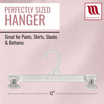 Mainetti 6112, 12" White all Plastic, Pant Skirt Slack Bottom Hangers, with sturdy plastic non-slip clips