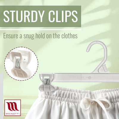 Mainetti 6112, 12" White all Plastic, Pant Skirt Slack Bottom Hangers, with sturdy plastic non-slip clips