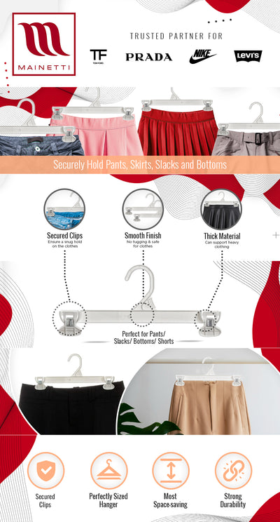 Mainetti 6112, 12" White all Plastic, Pant Skirt Slack Bottom Hangers, with sturdy plastic non-slip clips