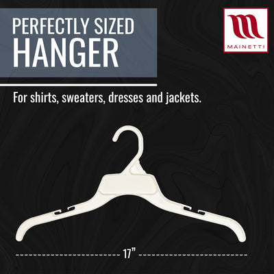 Mainetti 470, 17" White all Plastic, Shirt Top Dress Hangers, with notches for straps