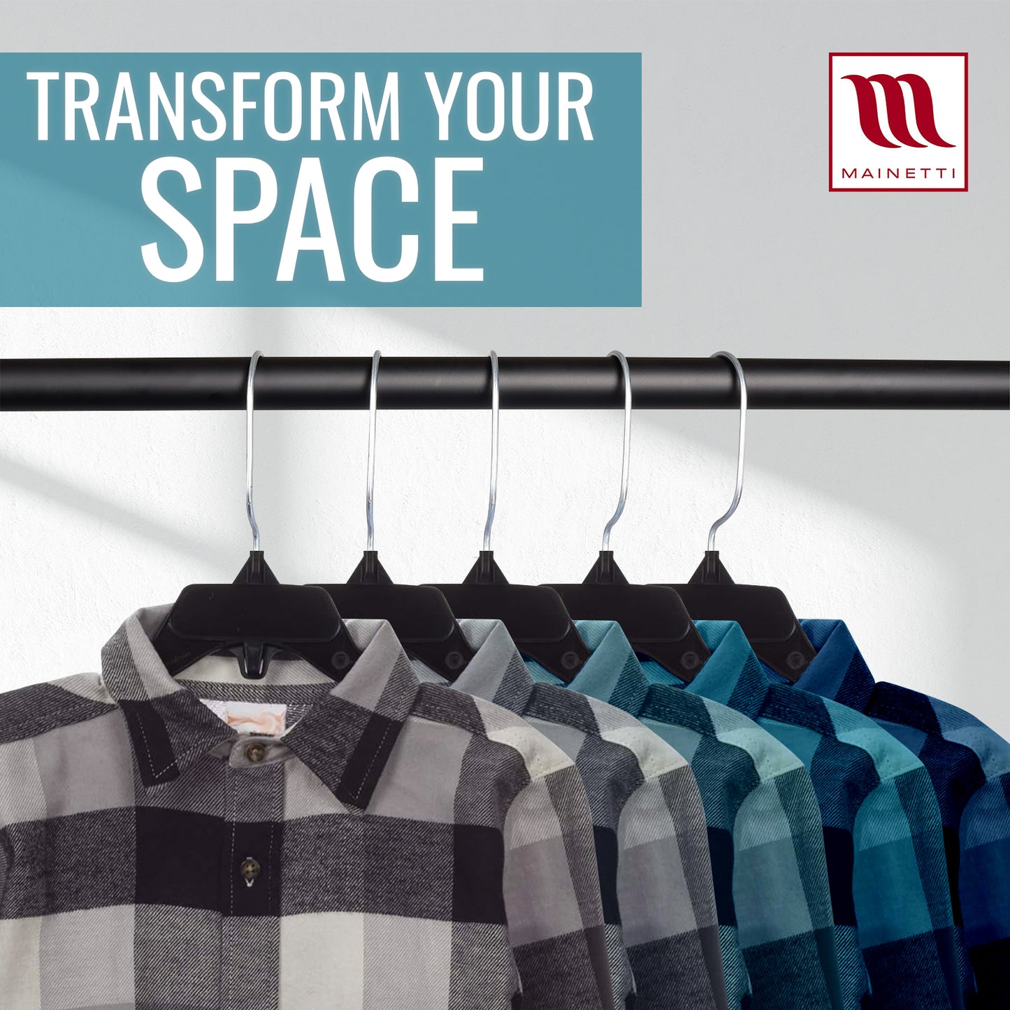 Mainetti 479CG, New 19" Black Plastic, Shirt Top Dress Hangers, with metal hook and notches for straps