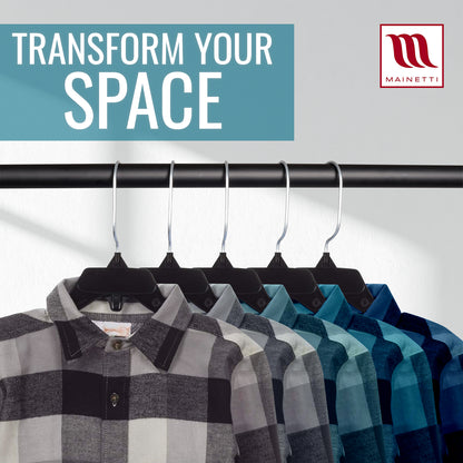 Mainetti 479CG, New 19" Black Plastic, Shirt Top Dress Hangers, with metal hook and notches for straps