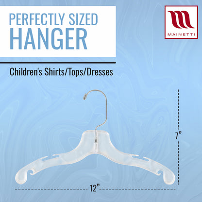 Mainetti 5075, 12" Clear Plastic, Children's Shirt Top Dress Hangers, with 360 swivel metal hook and notches for straps