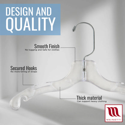 Mainetti 5075, 12" Clear Plastic, Children's Shirt Top Dress Hangers, with 360 swivel metal hook and notches for straps