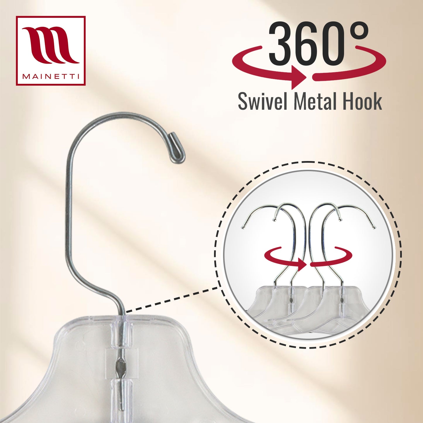 Mainetti 5075, 12" Clear Plastic, Children's Shirt Top Dress Hangers, with 360 swivel metal hook and notches for straps