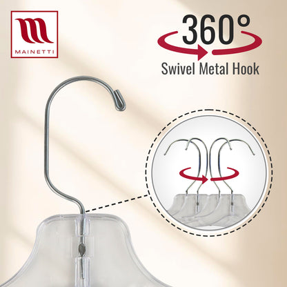 Mainetti 5075, 12" Clear Plastic, Children's Shirt Top Dress Hangers, with 360 swivel metal hook and notches for straps