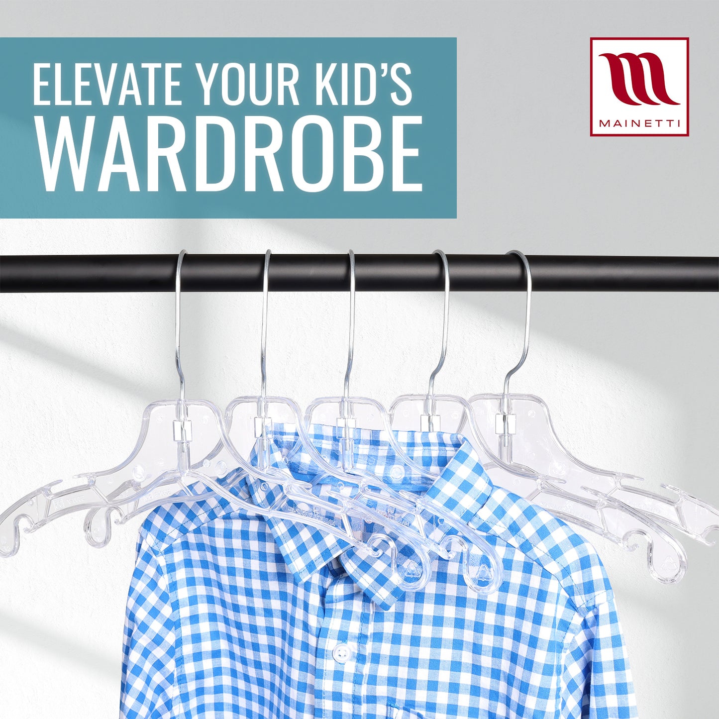Mainetti 5075, 12" Clear Plastic, Children's Shirt Top Dress Hangers, with 360 swivel metal hook and notches for straps