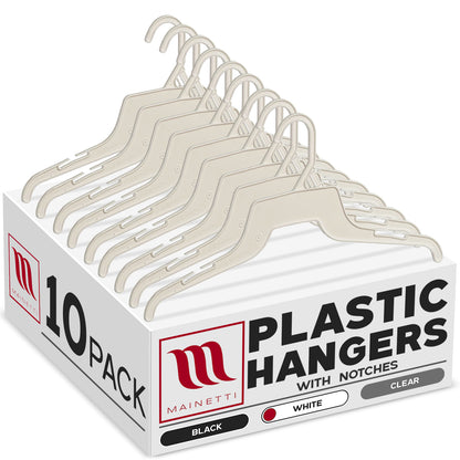 16" White all Plastic, Shirt Top Dress Hangers, with notches for straps (Mainetti 340)