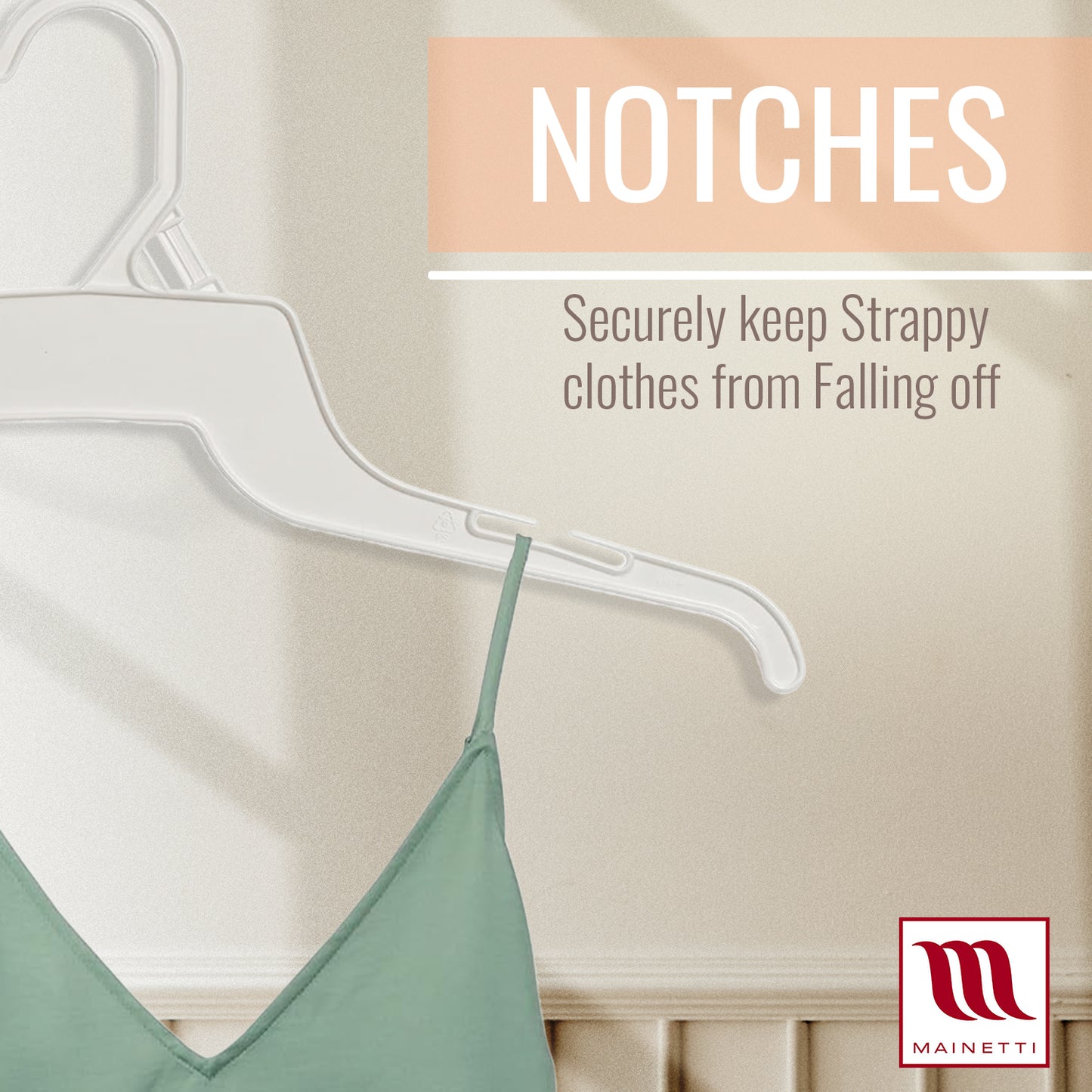 16" White all Plastic, Shirt Top Dress Hangers, with notches for straps (Mainetti 340)