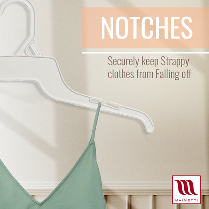 16" White all Plastic, Shirt Top Dress Hangers, with notches for straps (Mainetti 340)