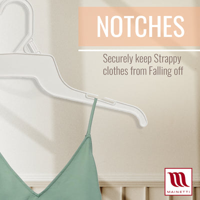 Mainetti 340, 16" White all Plastic, Shirt Top Dress Hangers, with notches for straps