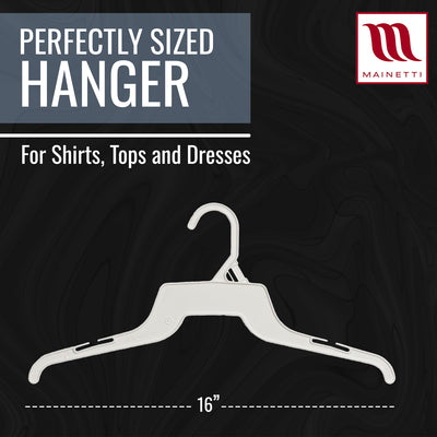 Mainetti 340, 16" White all Plastic, Shirt Top Dress Hangers, with notches for straps