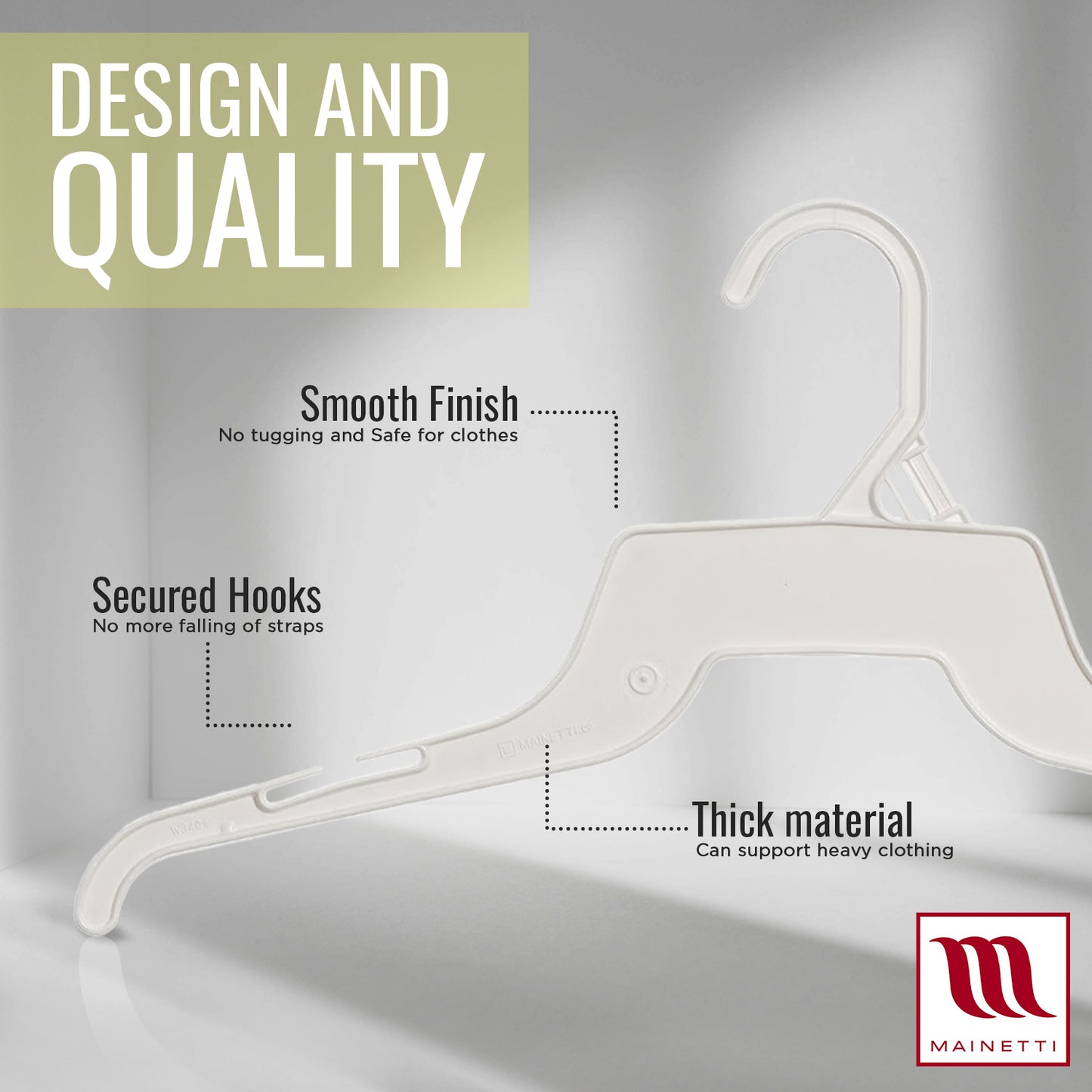 16" White all Plastic, Shirt Top Dress Hangers, with notches for straps (Mainetti 340)