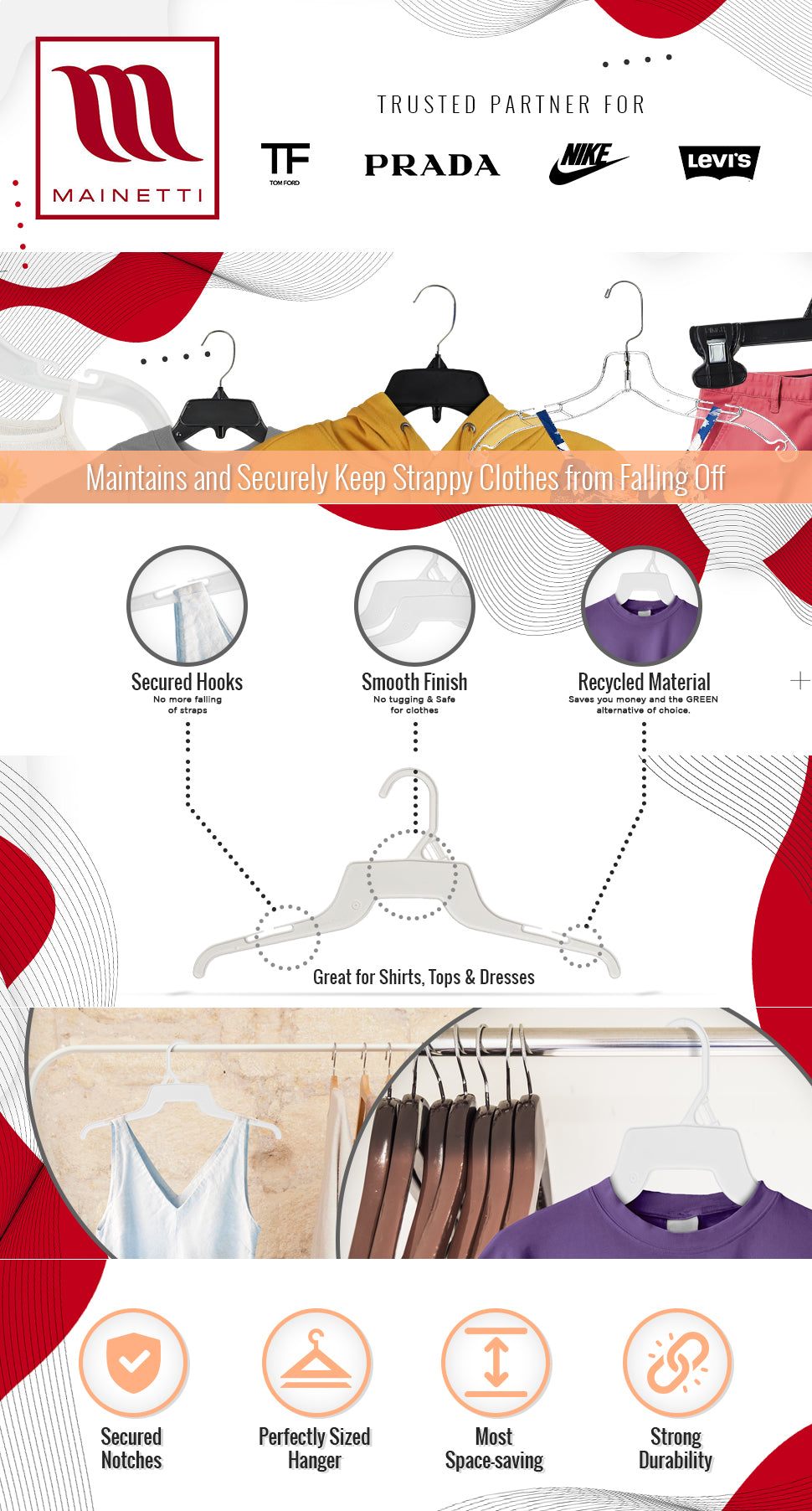 16" White all Plastic, Shirt Top Dress Hangers, with notches for straps (Mainetti 340)