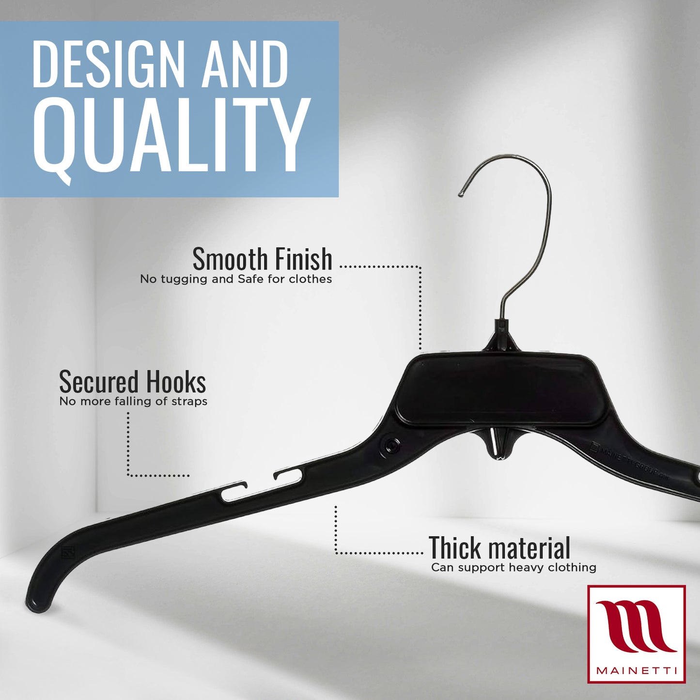 19" Black Plastic, Shirt Top Dress Hangers, with metal hook and notches for straps (Mainetti 479)