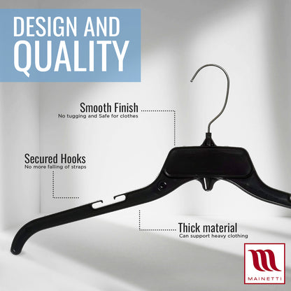 19" Black Plastic, Shirt Top Dress Hangers, with metal hook and notches for straps (Mainetti 479)
