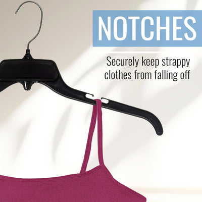 Mainetti 479, 19" Black Plastic, Shirt Top Dress Hangers, with metal hook and notches for straps