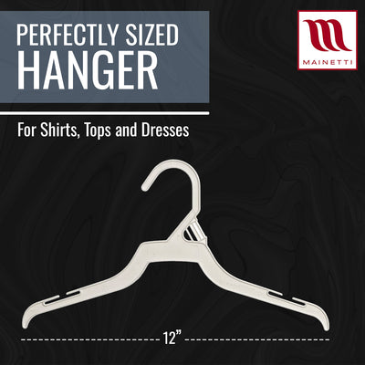 Mainetti 226, 12" White all Plastic, Shirt Top Dress Hangers, with notches for straps