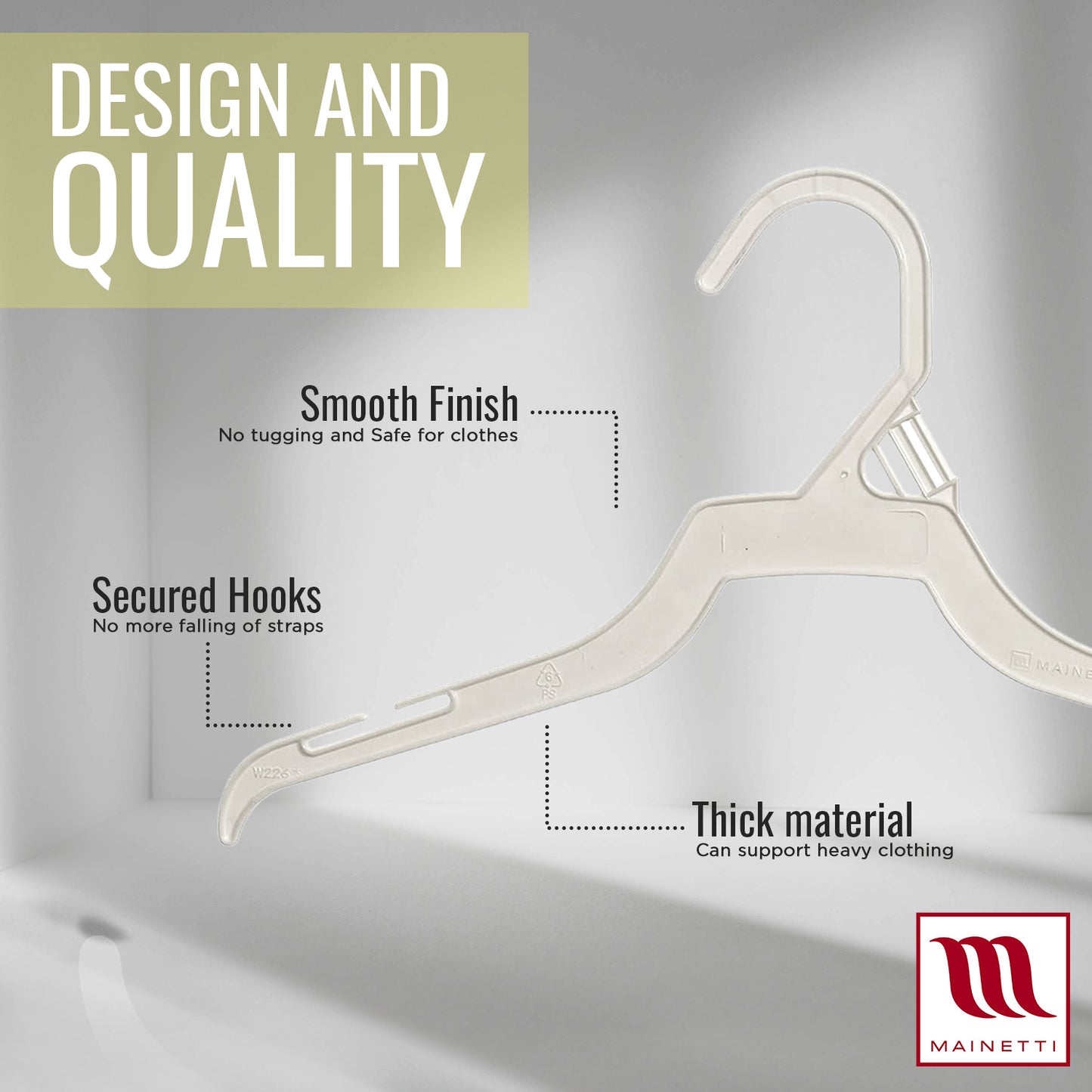 Mainetti 226, 12" White all Plastic, Shirt Top Dress Hangers, with notches for straps