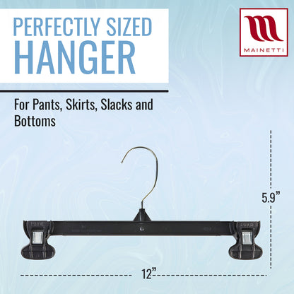 Mainetti 6012, 12" Black Plastic, Pant Skirt Slack Bottom Hangers, with turnable metal hook, sturdy plastic non-slip clips