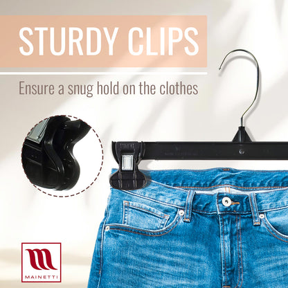 Mainetti 6012, 12" Black Plastic, Pant Skirt Slack Bottom Hangers, with turnable metal hook, sturdy plastic non-slip clips