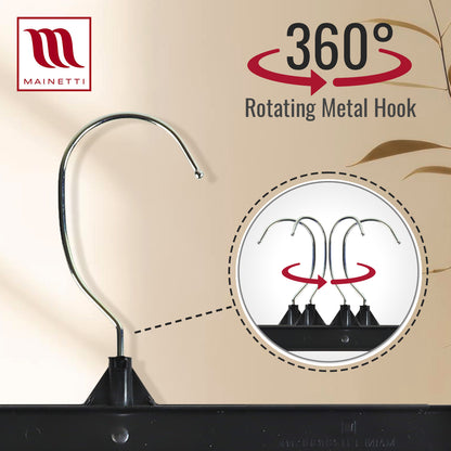 Mainetti 6012, 12" Black Plastic, Pant Skirt Slack Bottom Hangers, with turnable metal hook, sturdy plastic non-slip clips