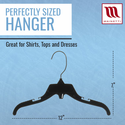 Mainetti 498, 12" Black Plastic, Shirt Top Dress Hangers, with turnable metal hook and notches for straps