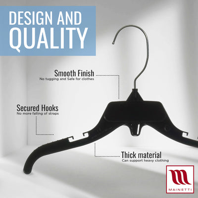Mainetti 498, 12" Black Plastic, Shirt Top Dress Hangers, with turnable metal hook and notches for straps