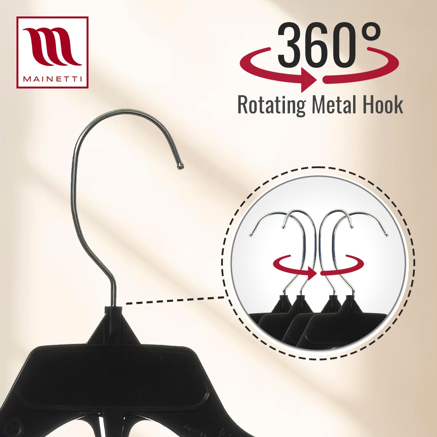 Mainetti 498, 12" Black Plastic, Shirt Top Dress Hangers, with turnable metal hook and notches for straps