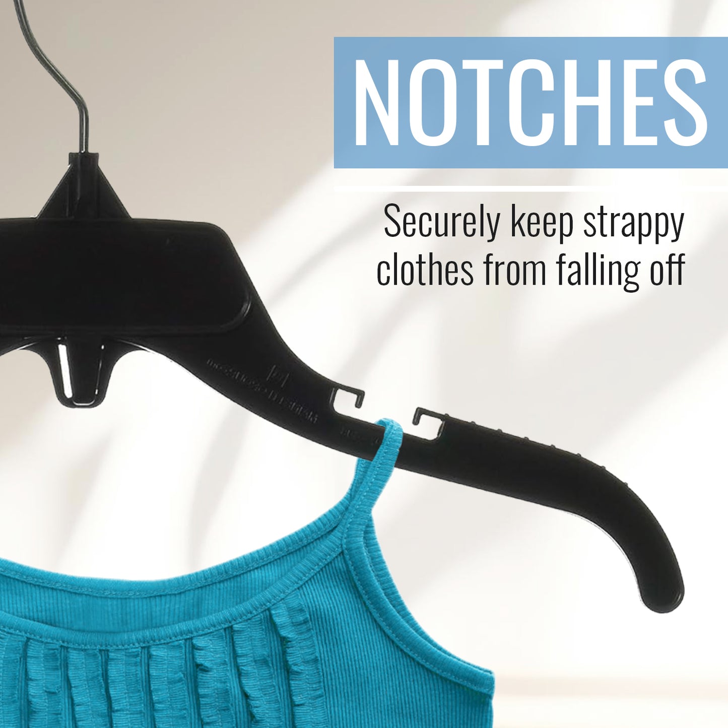 Mainetti 498, 12" Black Plastic, Shirt Top Dress Hangers, with turnable metal hook and notches for straps