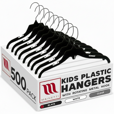 Mainetti 498, 12" Black Plastic, Shirt Top Dress Hangers, with turnable metal hook and notches for straps