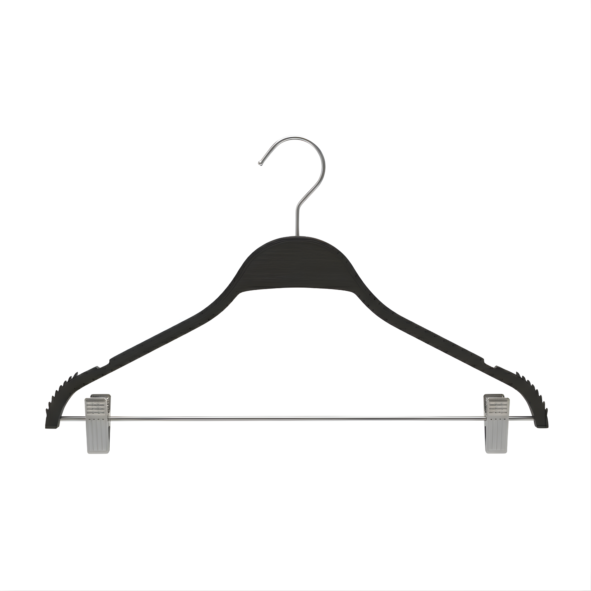 Black hanger with clips on a white background