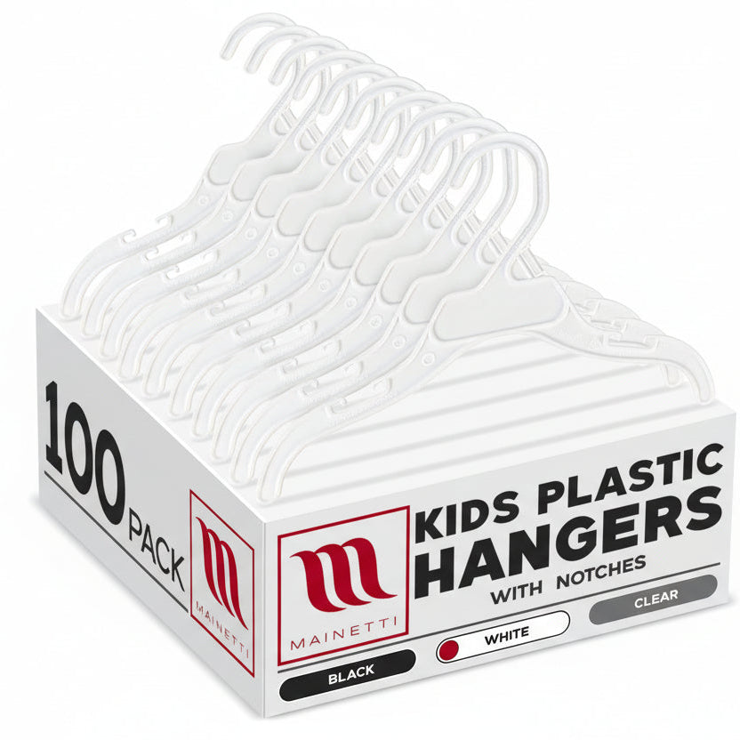 Box of Mainetti kids plastic hangers with notches on a white background