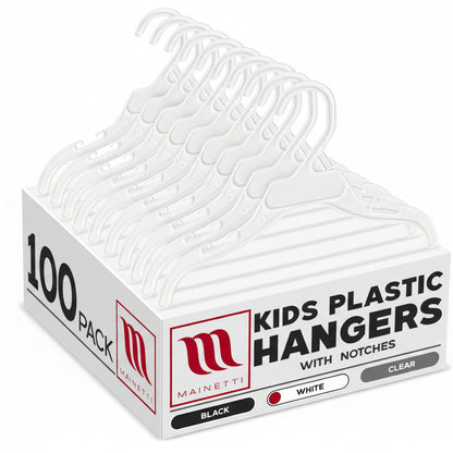 Box of Mainetti kids plastic hangers with notches on a white background