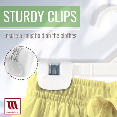 Mainetti 1004, 8" White all Plastic, Pant Skirt Slack Bottom Hangers, with sturdy plastic non-slip clips