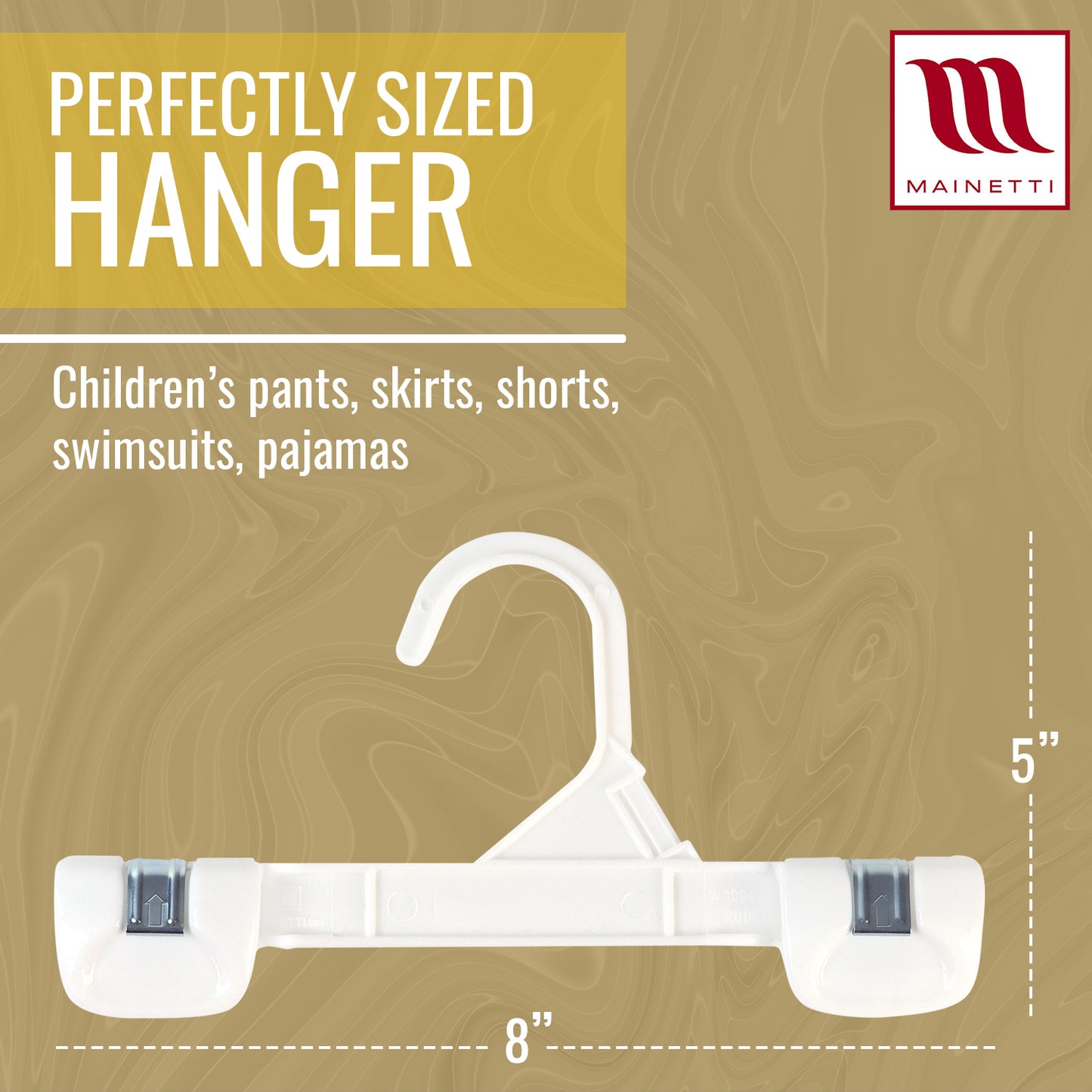 Mainetti 1004, 8" White all Plastic, Pant Skirt Slack Bottom Hangers, with sturdy plastic non-slip clips