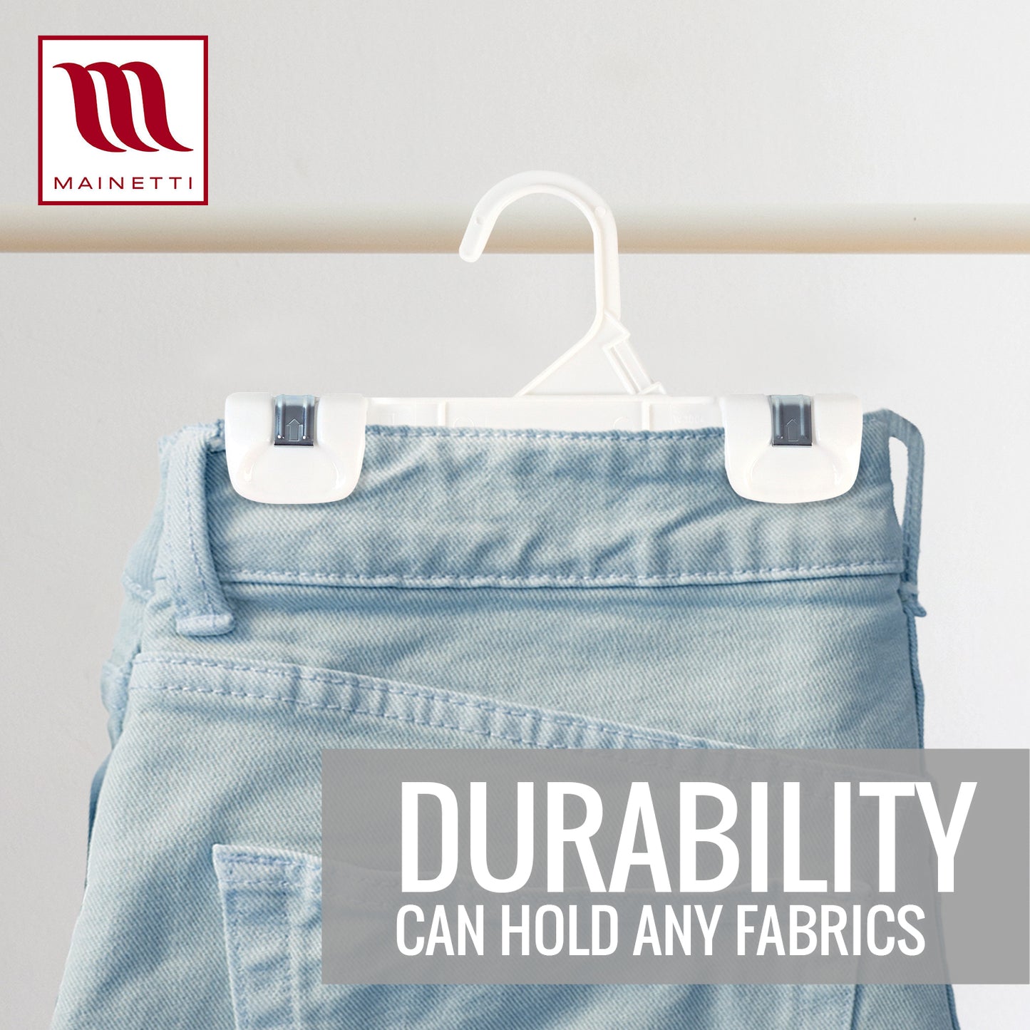 Mainetti 1004, 8" White all Plastic, Pant Skirt Slack Bottom Hangers, with sturdy plastic non-slip clips